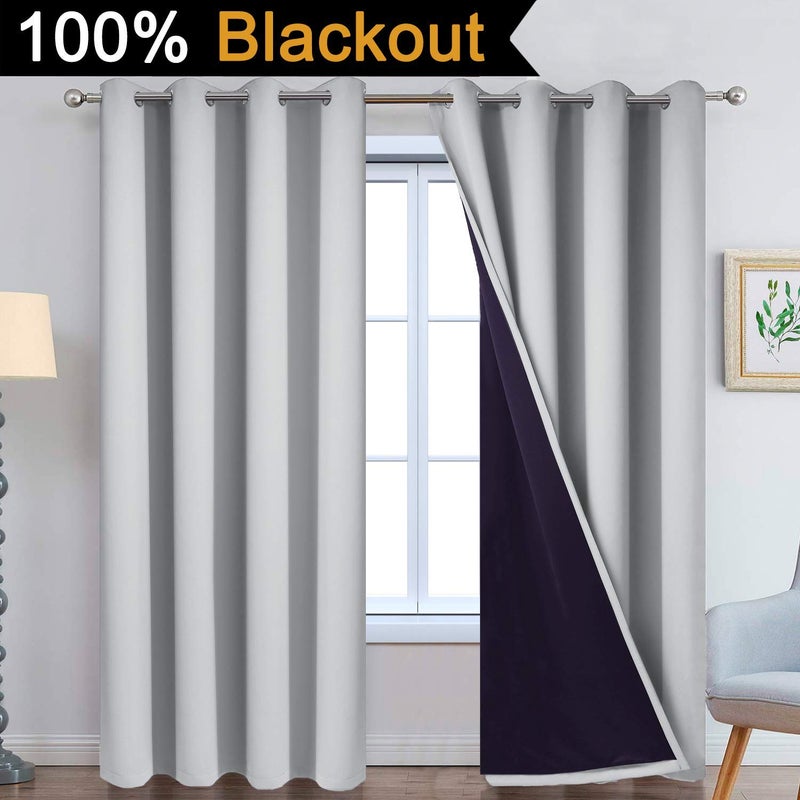 Yakamok 100% Blackout Window Curtain Panels, Heat and Full Light Blocking Drapes with Black Liner for Nursery,Thermal Insulated Draperies (Light Grey, 2 Pieces, 52Wx96L) - Image 2